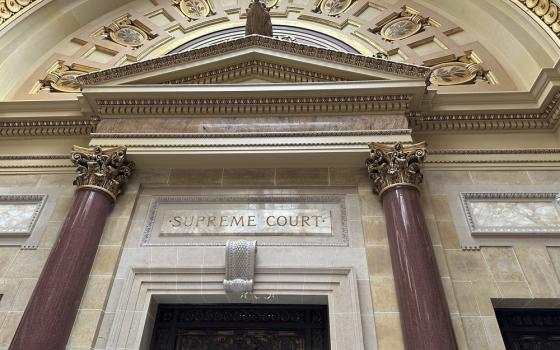 Looming marble entrance to Wisconsin Supreme Court Chambers